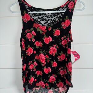Floral Lace Tank Top - Black and Pink
